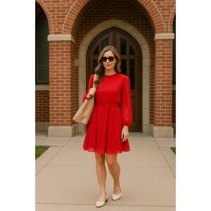 Julia Jordan Red Swiss Dot Tiered Long Sleeve Mock Neck‎ Belted Dress Size 14